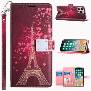 For iPhone 15 Design Wallet ID Credit Card Money Holder with Magnetic Metal Closure including Lanyard - Dark Grunge Eiffel Tower Paris Sakura Flowers