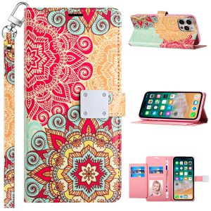 For iPhone 14 PRO MAX 6.7" Design Wallet ID Credit Card Money Holder with Magnetic Metal Closure including Lanyard - Mandala