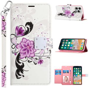 For Samsung A25 5G Design Wallet ID Credit Card Money Holder with Magnetic Metal Closure including Lanyard - Purple Lily