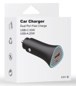 Car Charger Dual Port fast Charger USB-C 30W USB-A 20W (Black)