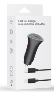 Fast Car Charger Dual USB-C 30W USB-A 20W Lightning Cable (Black)