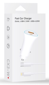 Fast Car Charger Dual USB-C 30W USB-A 20W Lightning Cable (White)