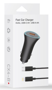 Fast Car Charger Dual USB-C 4A USB-A 4A Lightning Cable (Black)