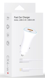 Fast Car Charger Dual USB-C 4A USB-A 4A Lightning Cable (White)