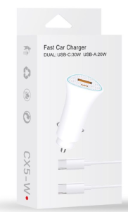 Fast Car Charger Dual USB-C 30W USB-A 20W USB-C Cable (White)