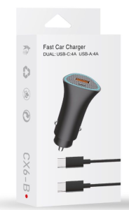 Fast Car Charger Dual USB-C 4A USB-A 4A USB-C Cable (Black)