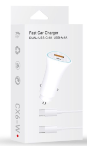 Fast Car Charger Dual USB-C 4A USB-A 4A USB-C Cable (White)