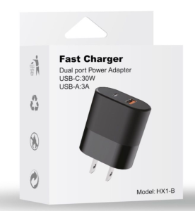 Fast Charger Dual port Power Adapter USB-C 30W USB-A 3A (BLACK)