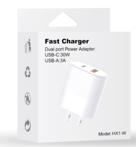 Fast Charger Dual port Power Adapter USB-C 30W USB-A 3A (WHITE)