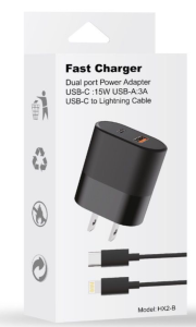 Fast Charger Dual Port Power Adapter USB-C 15W USB-A 3A USB-C To Lightning Cable (Black)