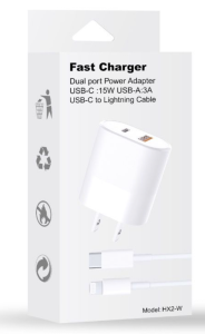 Fast Charger Dual Port Power Adapter USB-C 15W USB-A 3A USB-C To Lightning Cable (White)