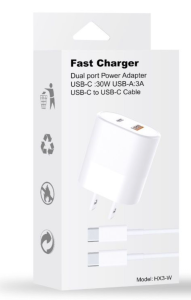 Fast Charger Dual Port Power Adapter USB-C 30W USB-A 3A USB-C To USB-C Cable (White)
