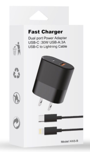 Fast Charger Dual Port Power Adapter USB-C 30W USB-A 3A USB-C To Lightning Cable (Black)