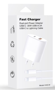 Fast Charger Dual Port Power Adapter USB-C 30W USB-A 3A USB-C To Lightning Cable (White)