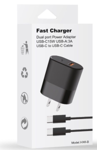 Fast Charger Dual Port Power Adapter USB-C 15W USB-A 3A USB-C To USB-C Cable (Black)