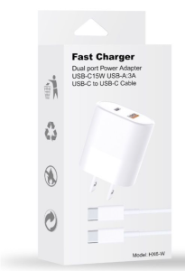 Fast Charger Dual Port Power Adapter USB-C 15W USB-A 3A USB-C To USB-C Cable (White)