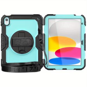Durable Comfortable Silicon Protective Case with Convenient Shoulder Strap Rugged PC Material Cover for IPad Tablet 10.9 (10/11) - Sky Blue PC + Black