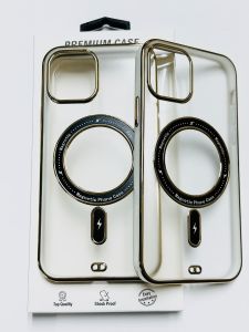 FOR APPLE IPHONE 14 PRO MAGSAFE COMPATIBLE SMOKE TRANSPARENT CIRCLE DESIGN GOLD ACCENT PREMIUM CASE COVER - WHITE