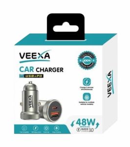 Veexa Aluminum Alloy 48W Usb+Pd Fast Car Charger (Black)