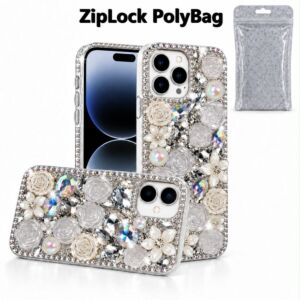 [PolyBag] Full Diamond Rose Cover for Iphone 14/15-White