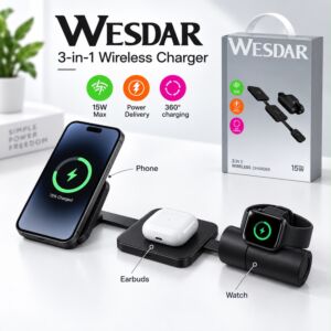 Wesdar 3-in-1 Foldable Wireless Charger Stand - Black