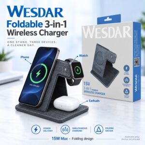 WESDAR PU Leather 3-in-1 Wireless Charger Stand, 15W Qi Fast Charging Station - Grey