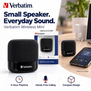 Verbatim Wireless Mini Bluetooth Speaker - Powerful sound in a compact, small and travel-friendly speaker - Built-in microphone for hands-free calling- Rechargeable battery - Black