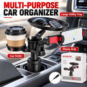 4-IN-1 Car Mobile Phone Stand With Cup Holder, Food Tray And Storage - Adjustable, Waterproof Car Accessories