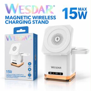 Wesdar 15w Wireless Charger 3 in 1 Phone Chargers Stand With LED Light - White