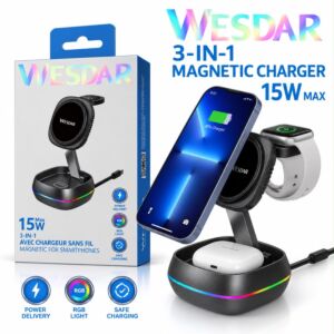 Wesdar Foldable 15w Wireless Charger Stand With Retractable Cable - Black