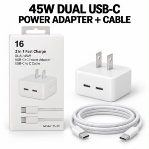 2 in 1 Fast Charge DUAL 45W USB-
C+C Power Adapter USB-C to C Cable