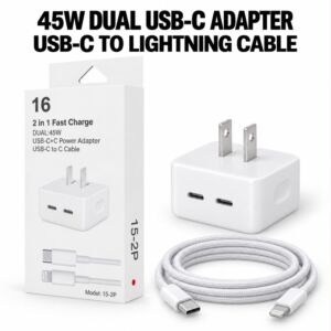 2IN1 Fast Charge DUAL 45W USB- C+C Power Adapter USB-C to Lightning Cable
