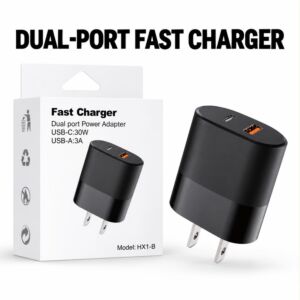 Fast Charger Dual port Power Adapter USB-C 30W USB-A 3A (BLACK)