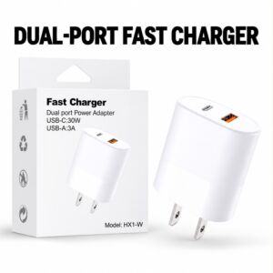 Fast Charger Dual port Power Adapter USB-C 30W USB-A 3A (WHITE)