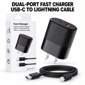 Fast Charger Dual Port Power Adapter USB-C 15W USB-A 3A USB-C To Lightning Cable (Black)