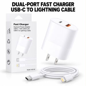 Fast Charger Dual Port Power Adapter USB-C 15W USB-A 3A USB-C To Lightning Cable (White)