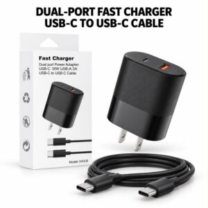 Fast Charger Dual Port Power Adapter USB-C 30W USB-A 3A USB-C To USB-C Cable (Black)