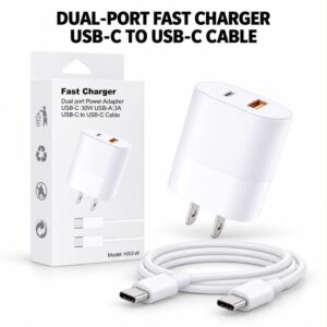 Fast Charger Dual Port Power Adapter USB-C 30W USB-A 3A USB-C To USB-C Cable (White)