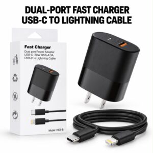 Fast Charger Dual Port Power Adapter USB-C 30W USB-A 3A USB-C To Lightning Cable (Black)
