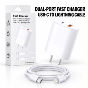 Fast Charger Dual Port Power Adapter USB-C 30W USB-A 3A USB-C To Lightning Cable (White)