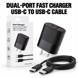 Fast Charger Dual Port Power Adapter USB-C 15W USB-A 3A USB-C To USB-C Cable (Black)
