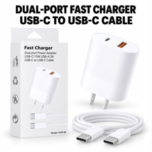 Fast Charger Dual Port Power Adapter USB-C 15W USB-A 3A USB-C To USB-C Cable (White)
