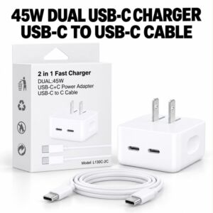2 In 1 Fast Charger Dual 45W USB-C+C Power Adapter USB-C To USB-C Cable