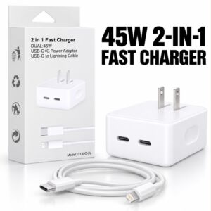 2 In 1 Fast Charger Dual 45W USB-C+C Power Adapter USB-C To Lightning Cable