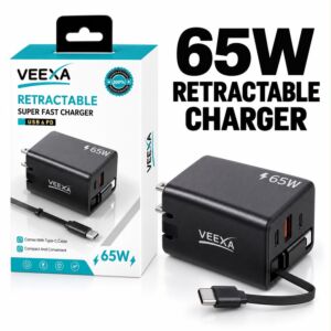 Veexa Black 65W Usb+Pd Super Fast Charger With Tc Retractable
