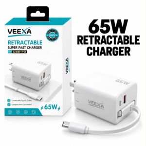 Veexa White 65W Usb+Pd Super Fast Charger With Tc Retractable