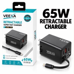 Veexa Black 65W Usb+Pd Super Fast Charger With Lightning Retractable