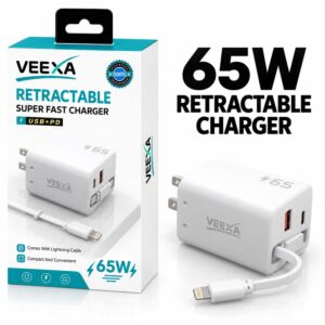 Veexa White 65W Usb+Pd Super Fast Charger With Lightning Retractable