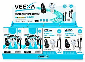VEEXA DISPLAY BOX 48W SUPER FAST CAR CHARGER WITH SUPER FAST WOVEN PD 35W & CC 60W CABLE 16 PCS