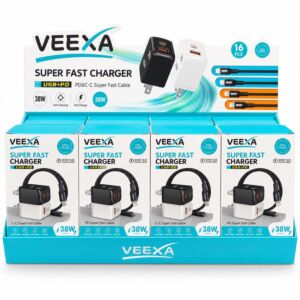 VEEXA DISPLAY BOX 38W SUPER FAST CHARGER WITH SUPER FAST WOVEN PD 35W & CC 60W CABLE 16 PCS